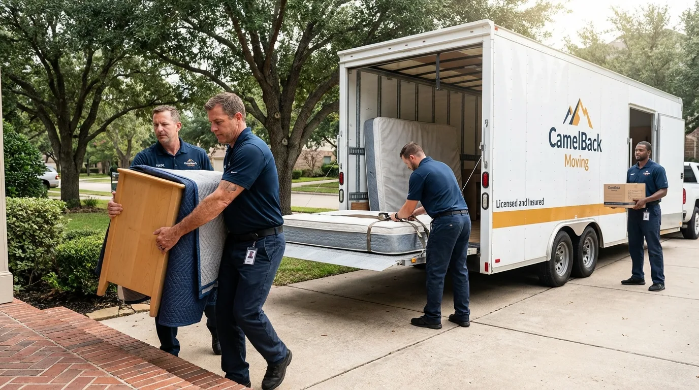 Crew loading residential truck for cross-state move from Palacios, TX