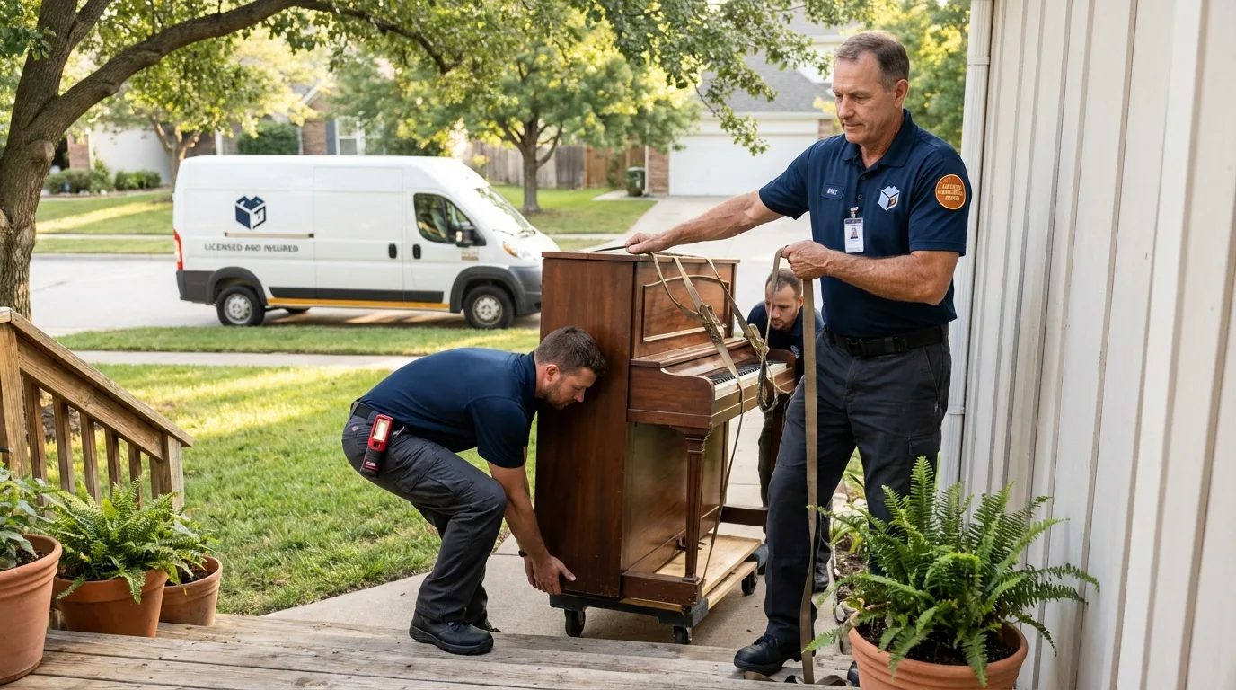 Licensed piano movers securing grand piano in Palacios, TX