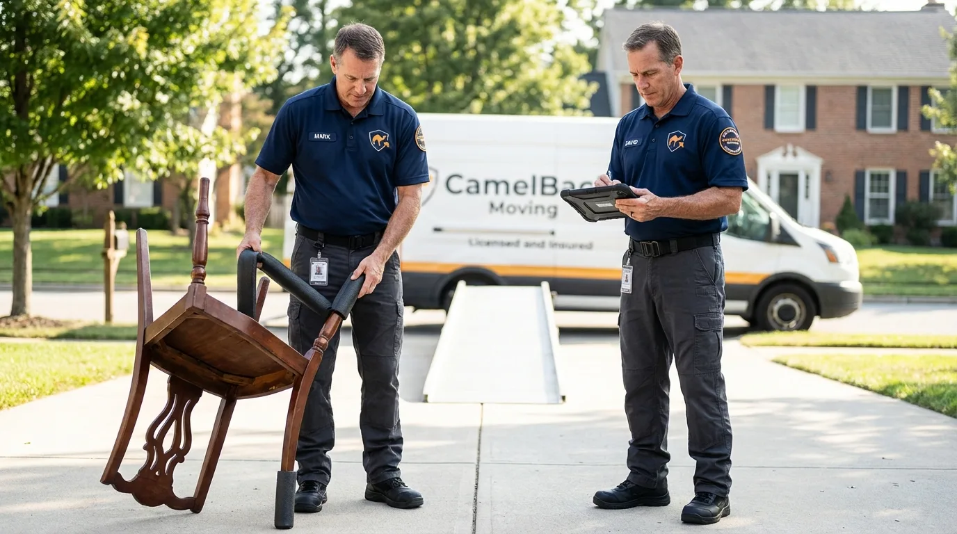 Movers inspecting furniture for damage prevention before loading in Palacios, TX