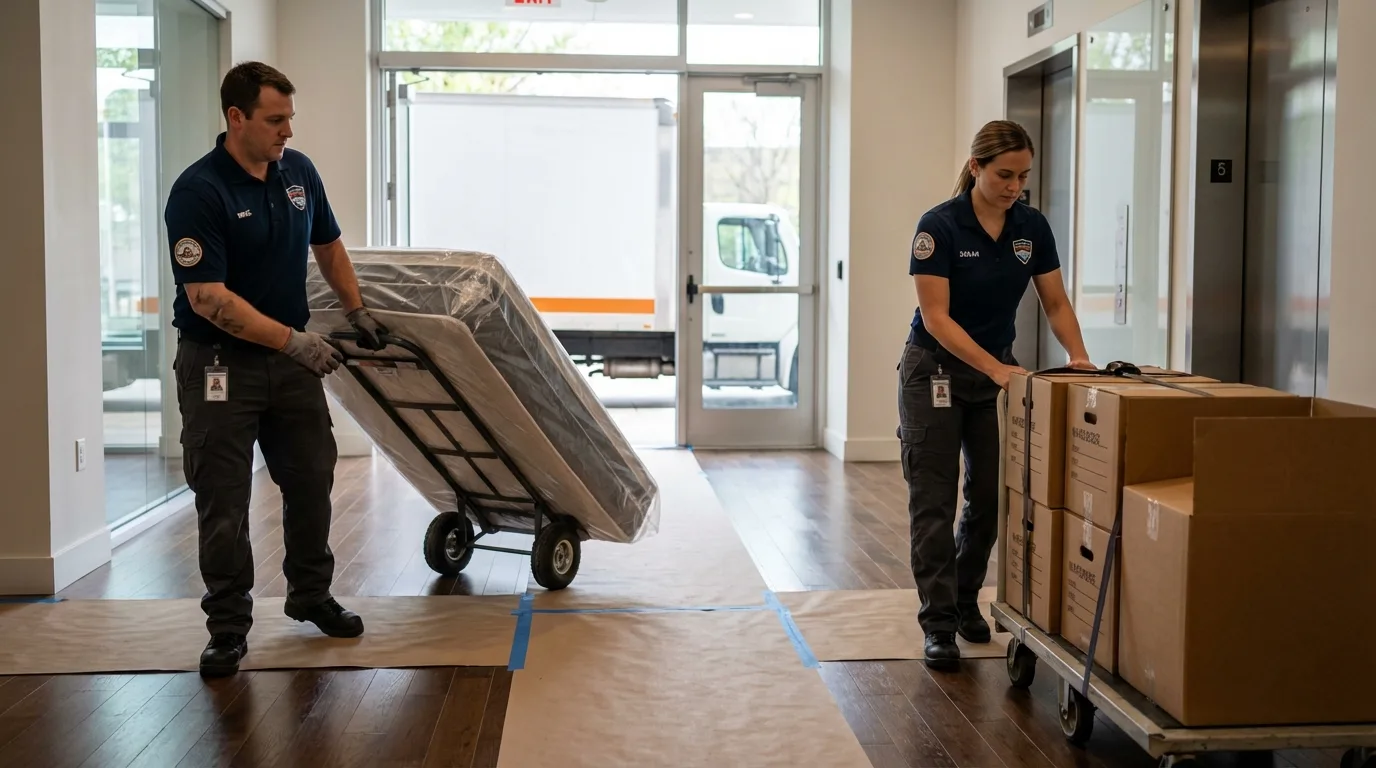 Professional apartment movers loading elevator in Palacios, TX