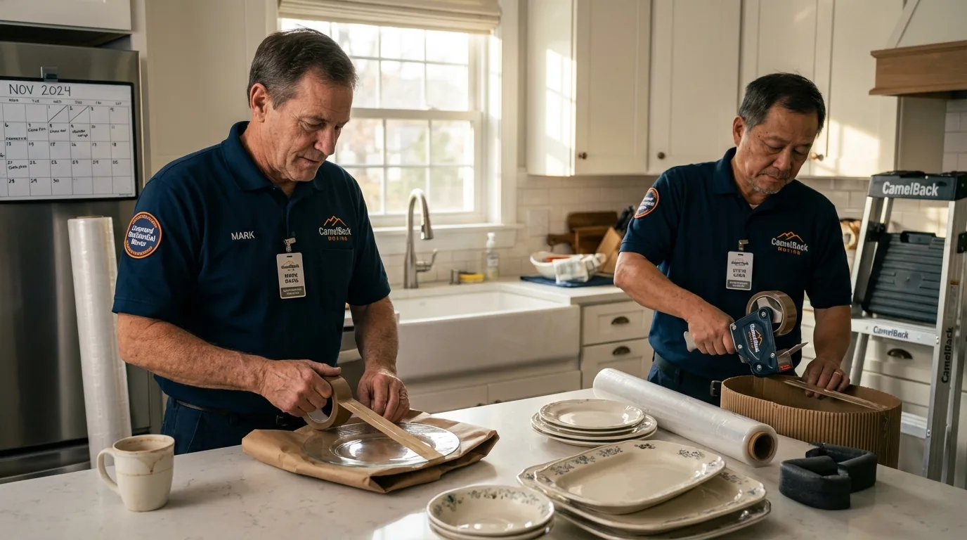 Professional crew packing kitchen dishware in Palacios, TX